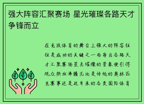 强大阵容汇聚赛场 星光璀璨各路天才争锋而立