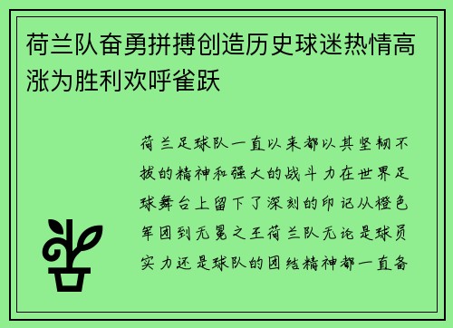 荷兰队奋勇拼搏创造历史球迷热情高涨为胜利欢呼雀跃
