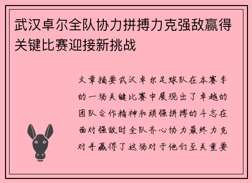 武汉卓尔全队协力拼搏力克强敌赢得关键比赛迎接新挑战