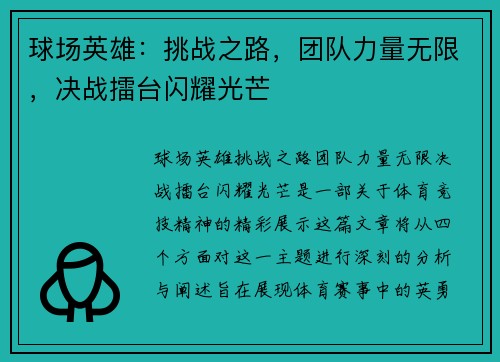 球场英雄：挑战之路，团队力量无限，决战擂台闪耀光芒