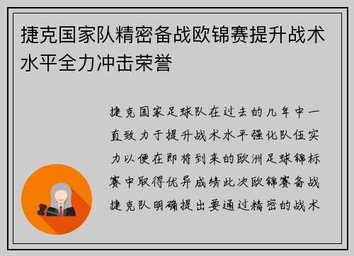 捷克国家队精密备战欧锦赛提升战术水平全力冲击荣誉