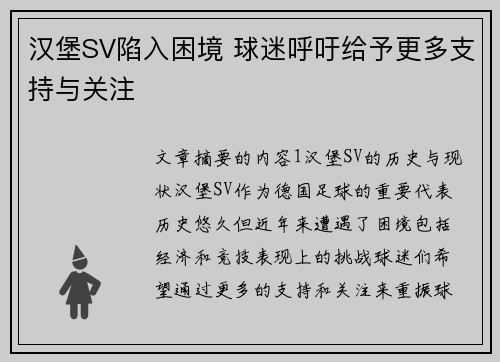 汉堡SV陷入困境 球迷呼吁给予更多支持与关注