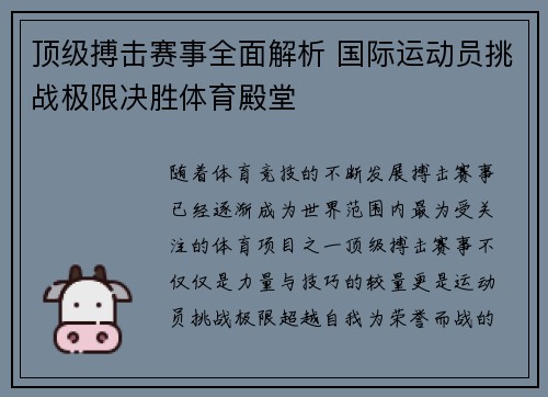 顶级搏击赛事全面解析 国际运动员挑战极限决胜体育殿堂